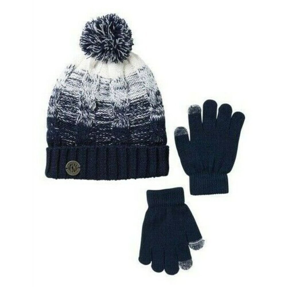 DKNY Cable‎ Knit Faux Shearling Lined Beanie & Tech Gloves Set (Big Girls) Navy